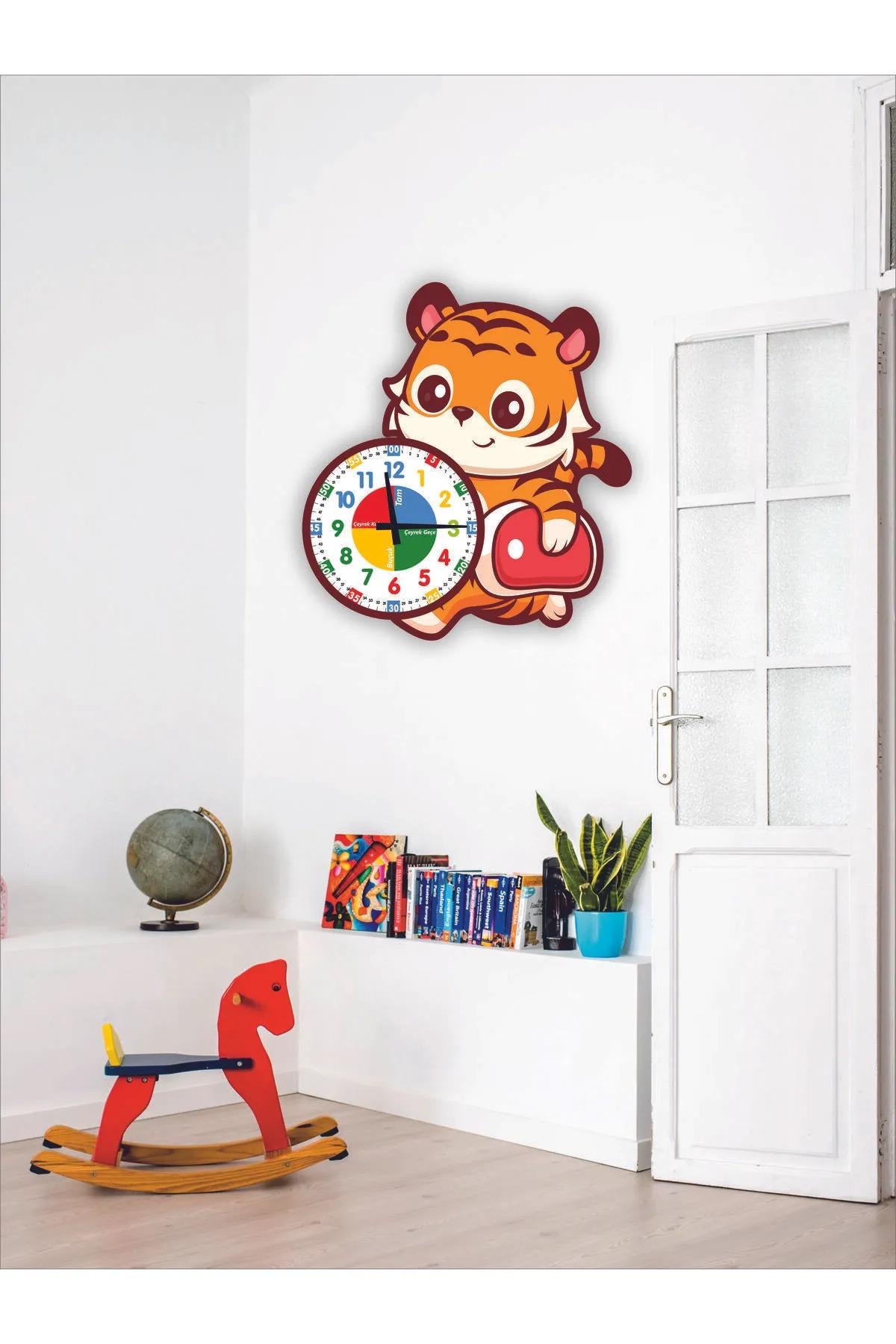 Cute Tiger with Bag Tiger Montessori Kids Room Educational Wooden Wall Clock - Silent Mechanism
