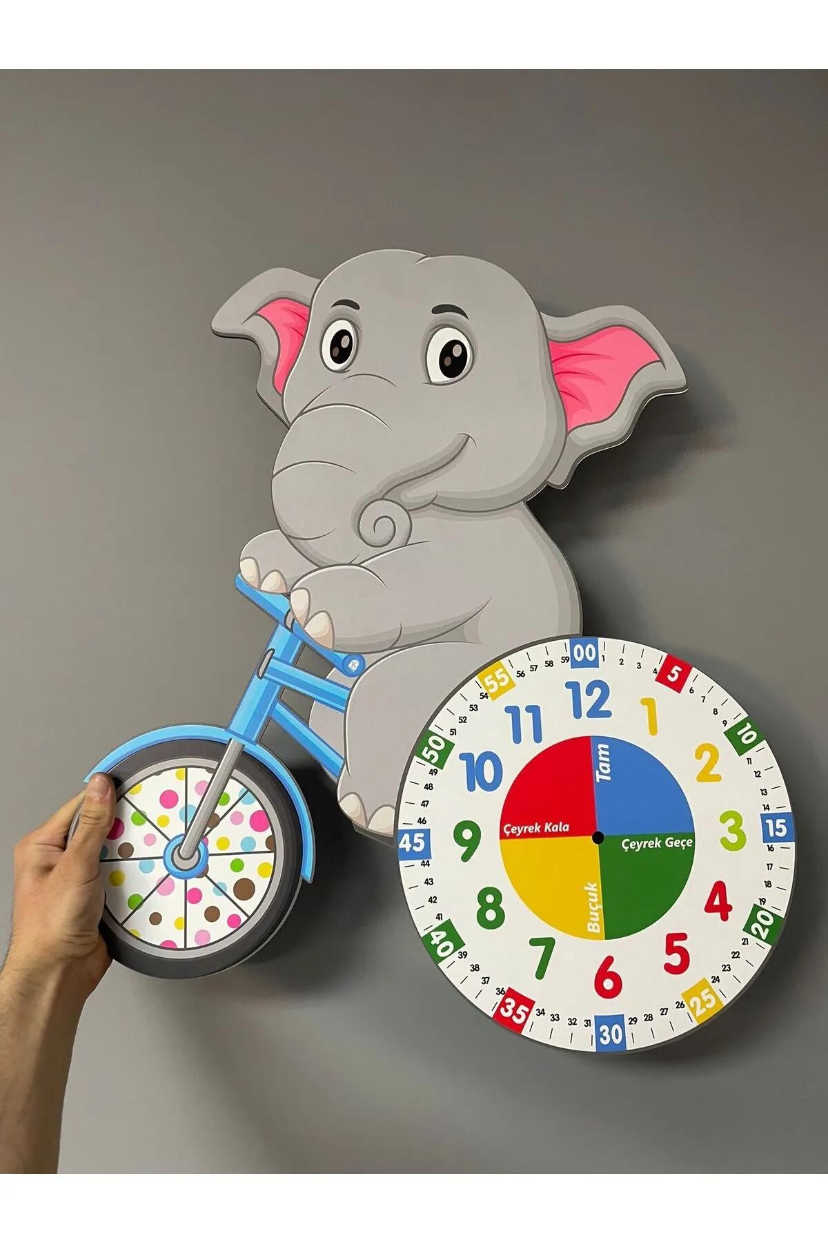 Cute Elephant Betty Rides a Bicycle Montessori Children's Room Educational Wooden Wall Clock - Quiet, Stylish