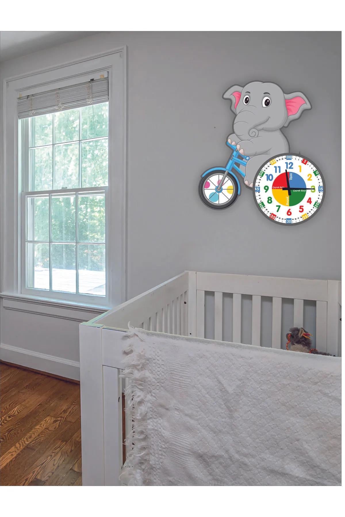 Cute Elephant Betty Rides a Bicycle Montessori Children's Room Educational Wooden Wall Clock - Quiet, Stylish