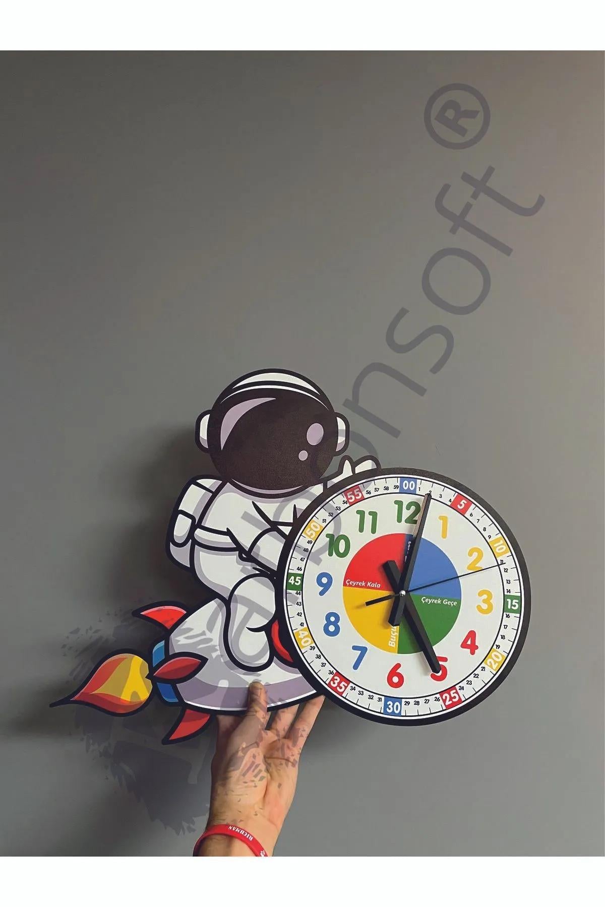 Cute Astronaut Montessori Kids Room Educational Wooden Wall Clock - Silent Mechanism, Stylish Design