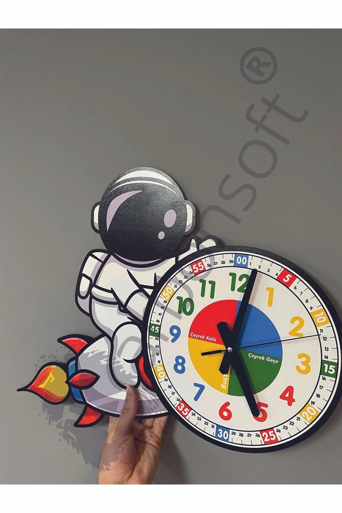 Cute Astronaut Montessori Kids Room Educational Wooden Wall Clock - Silent Mechanism, Stylish Design