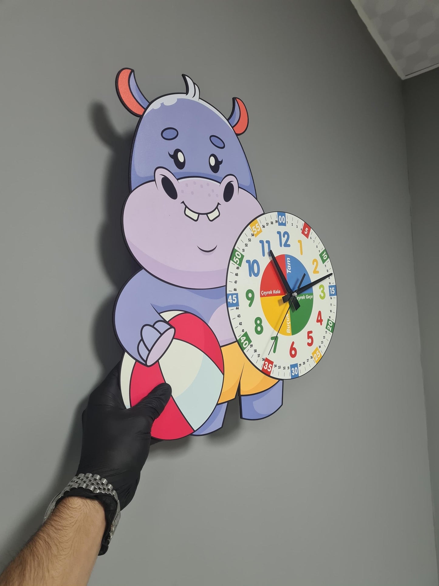 Cute Hippo Montessori Children's Room Educational Wooden Wall Clock - "Learn Time in a Fun Way!"
