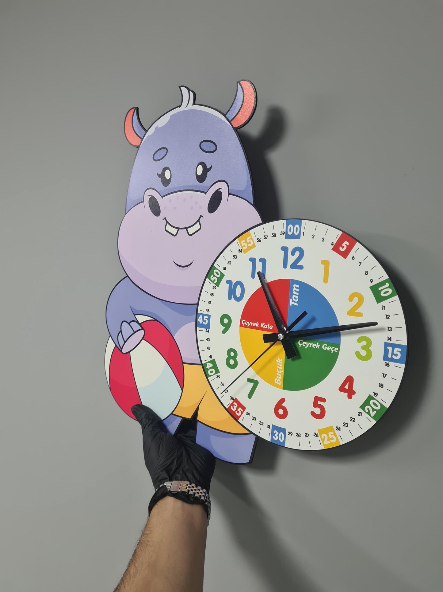 Cute Hippo Montessori Children's Room Educational Wooden Wall Clock - "Learn Time in a Fun Way!"