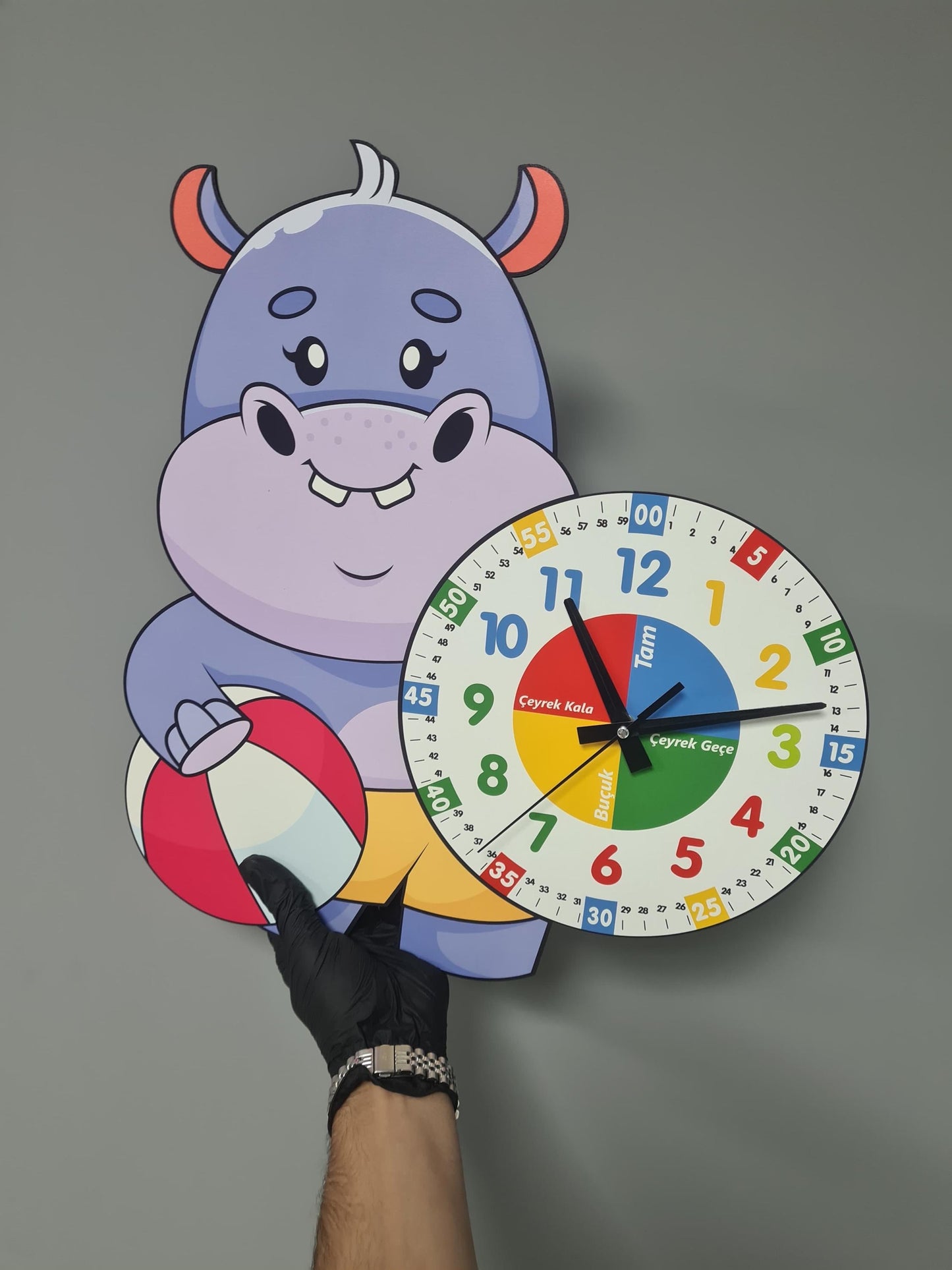 Cute Hippo Montessori Children's Room Educational Wooden Wall Clock - "Learn Time in a Fun Way!"
