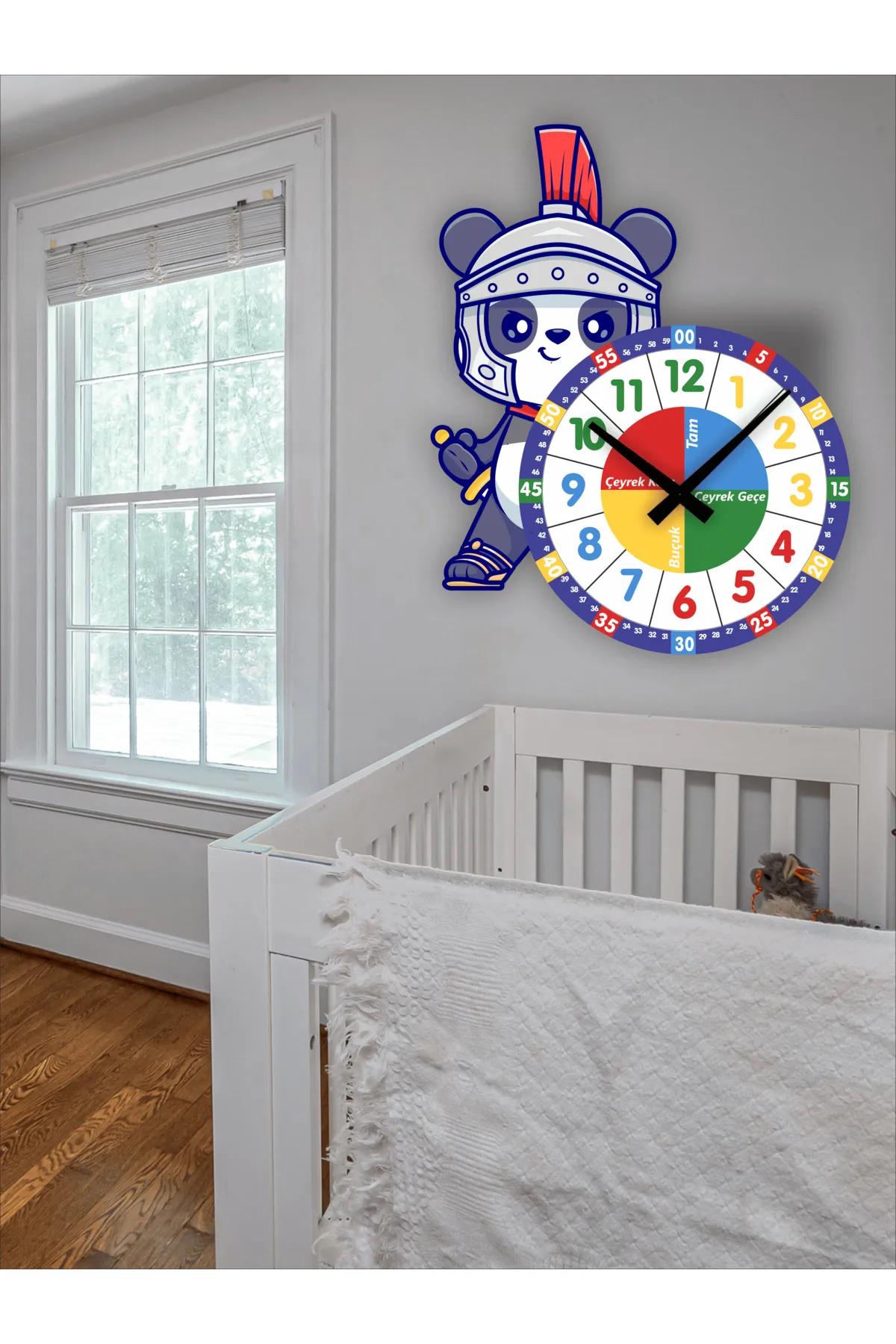 Cute Knight Panda Montessori Children's Room Educational Wooden Wall Clock - Silent, Stylish Design