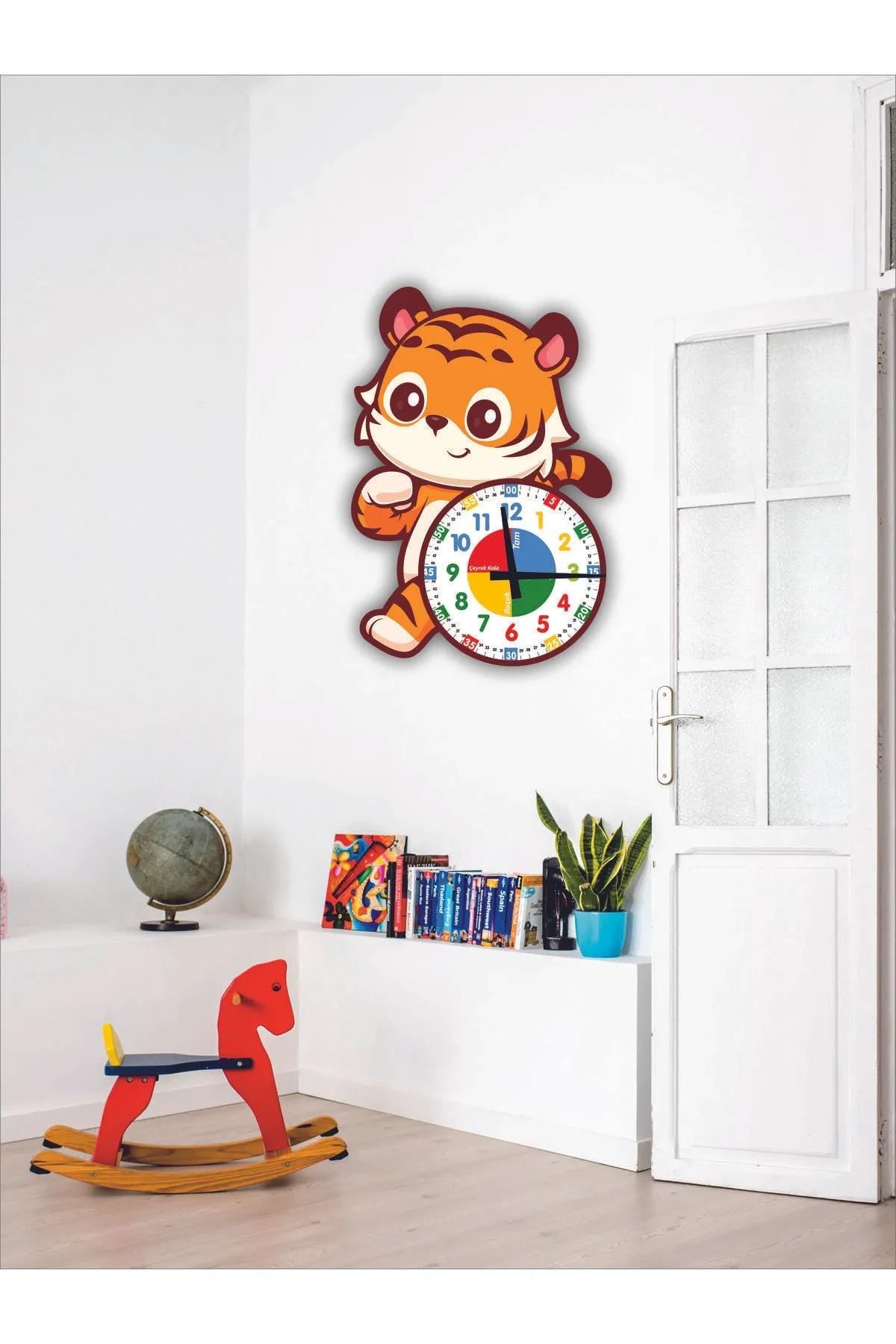 Cute Tiger Tiger Montessori Kids Room Educational Wooden Wall Clock - Quiet, Stylish Design