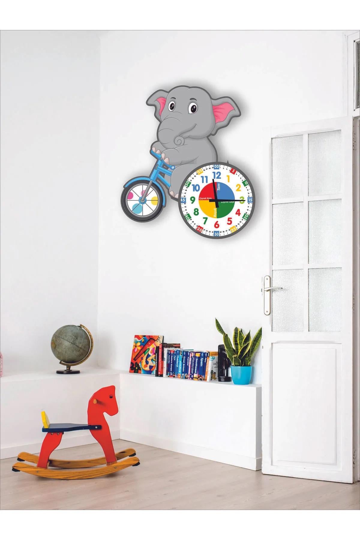 Cute Elephant Betty Rides a Bicycle Montessori Children's Room Educational Wooden Wall Clock - Quiet, Stylish