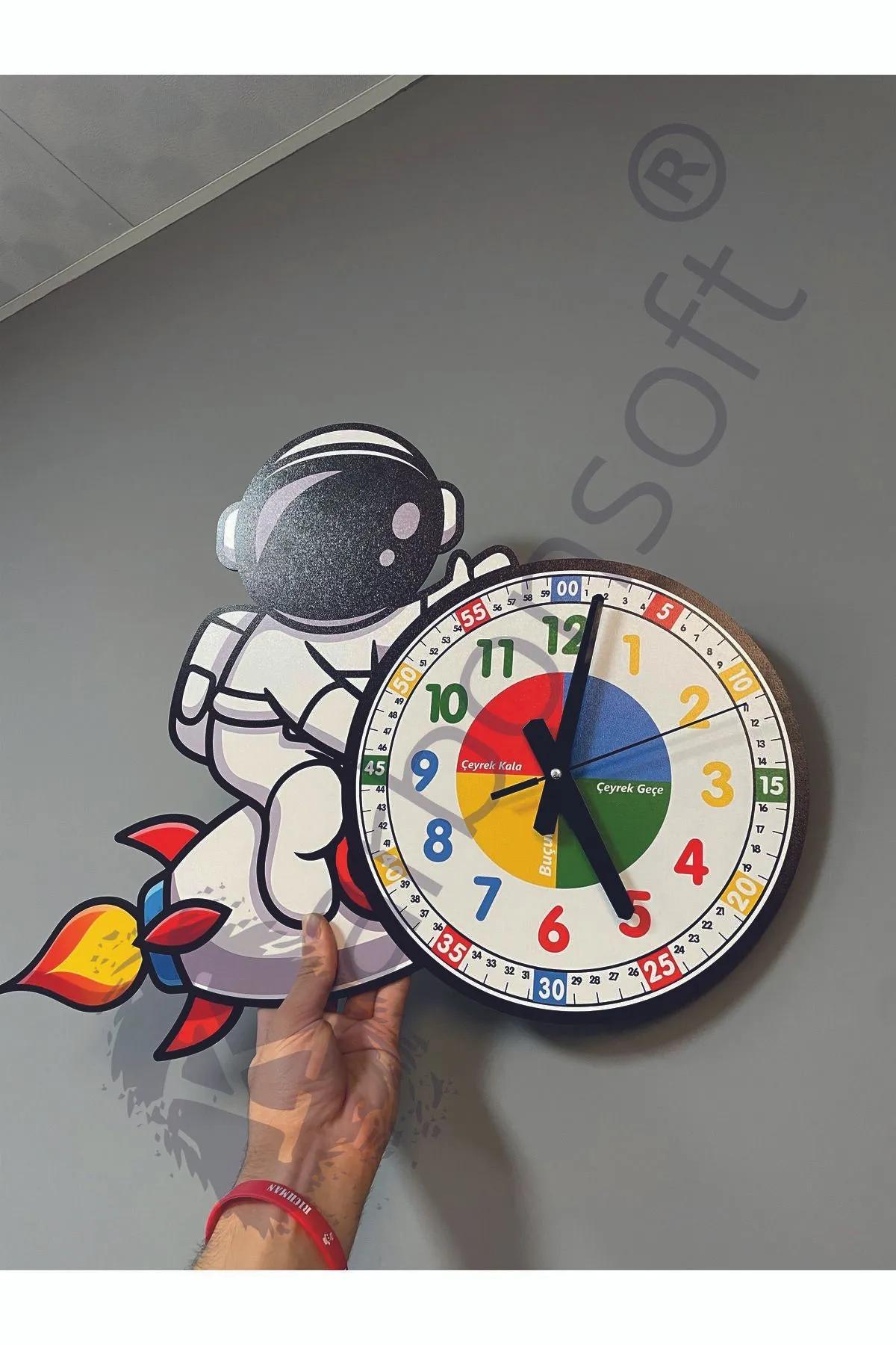 Cute Astronaut Montessori Kids Room Educational Wooden Wall Clock - Silent Mechanism, Stylish Design