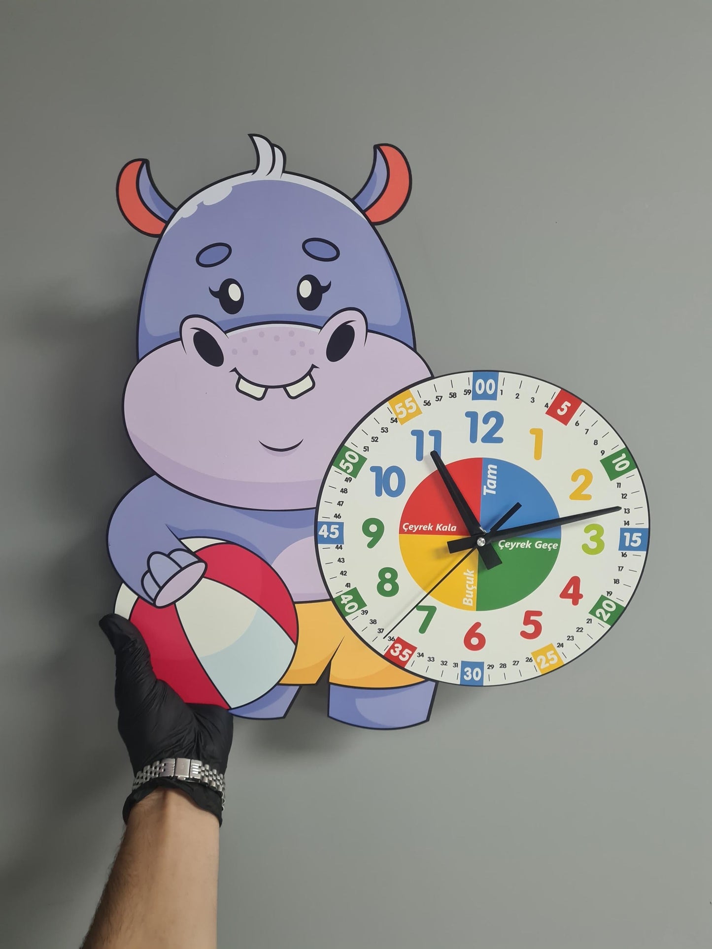 Cute Hippo Montessori Children's Room Educational Wooden Wall Clock - "Learn Time in a Fun Way!"