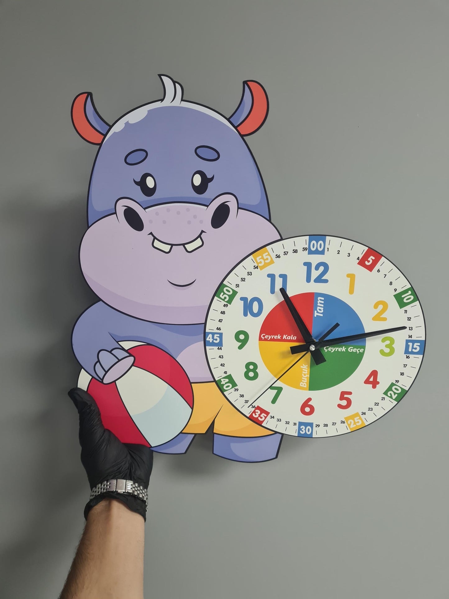 Cute Hippo Montessori Children's Room Educational Wooden Wall Clock - "Learn Time in a Fun Way!"