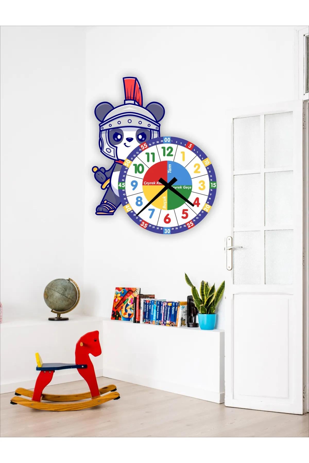 Cute Knight Panda Montessori Children's Room Educational Wooden Wall Clock - Silent, Stylish Design